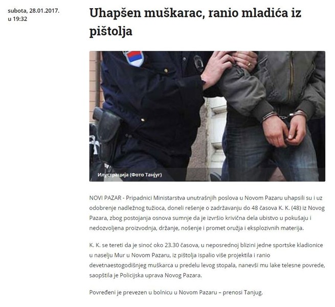Serbia-avmp/Uhapsen-muskarac-ranio-mladica-iz-pistolja