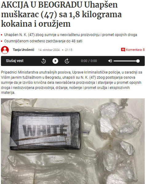 Serbia-avmp/Uhapsen-muskarac-sa-18-kg-kokaina-i-oruzjem-u-Beogradu---Blic
