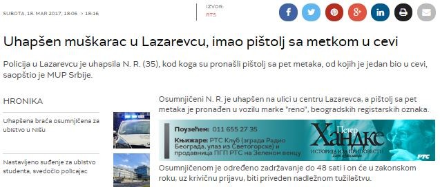 Serbia-avmp/Uhapsen-muskarac-u-Lazarevcu-imao-pistolj-sa-metkom-u-cevi