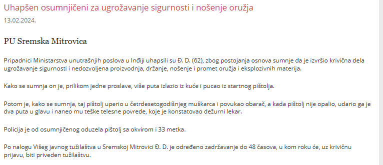 Serbia-avmp/Uhapsen-osumnjiceni-za-ugrozavanje-sigurnosti-i-nosenje-oruzja