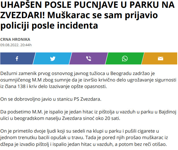 Serbia-avmp/Uhapsen-posle-pucanja-u-parku