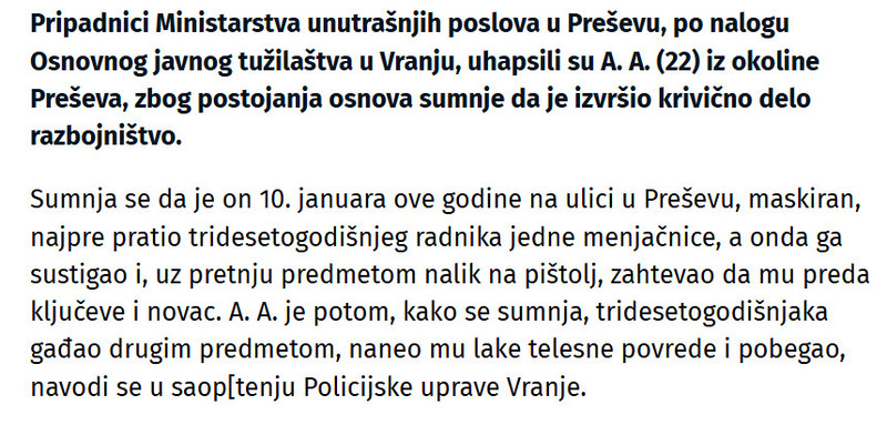 Serbia-avmp/Uhapsen-razbojnik-iz-Preseva_-Uz-pretnju-laznim-pistoljem-opljackao-radnika-me_1