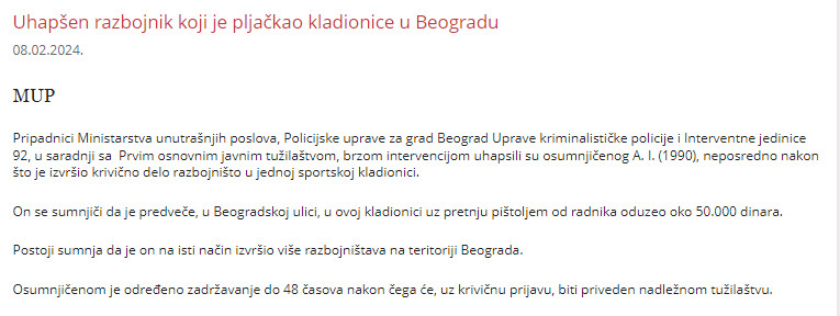 Serbia-avmp/Uhapsen-razbojnik-koji-je-pljackao-kladionice-u-Beogradu