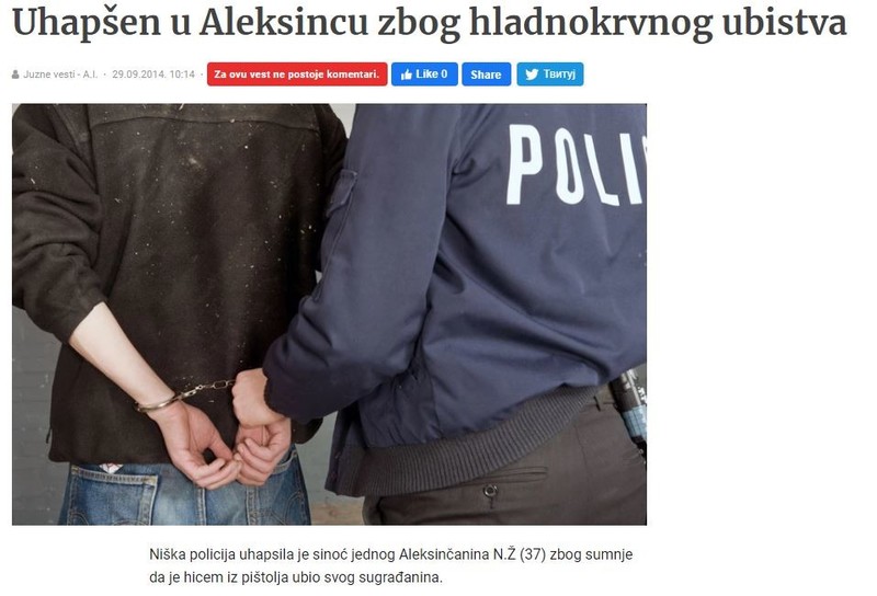Serbia-avmp/Uhapsen-u-Aleksincu-zbog-hladnokrvnog-ubistva