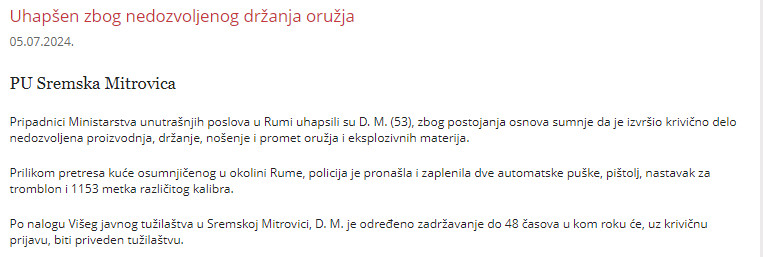 Serbia-avmp/Uhapsen-zbog-nedozvolenog-drzanja-oruzja