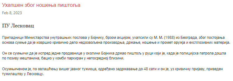 Serbia-avmp/Uhapsen-zbog-nosenja-pistolja
