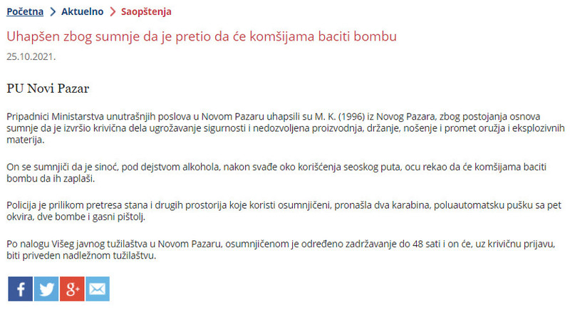 Serbia-avmp/Uhapsen-zbog-sumnje-da-je-pretio-da-ce-komsijama-baciti-bombu