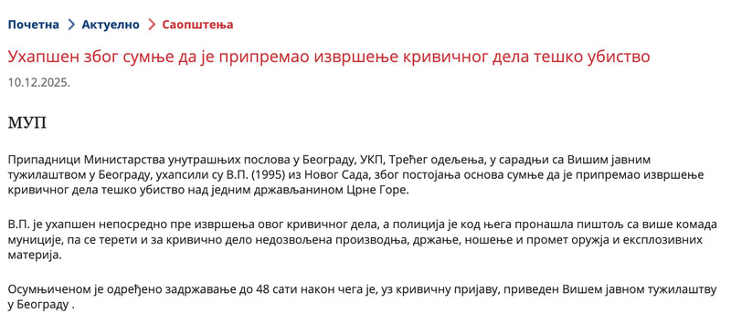Serbia-avmp/Uhapsen-zbog-sumnje-da-je-pripremao-izvrsenje-krivicnog-dela-tesko-ubistvo