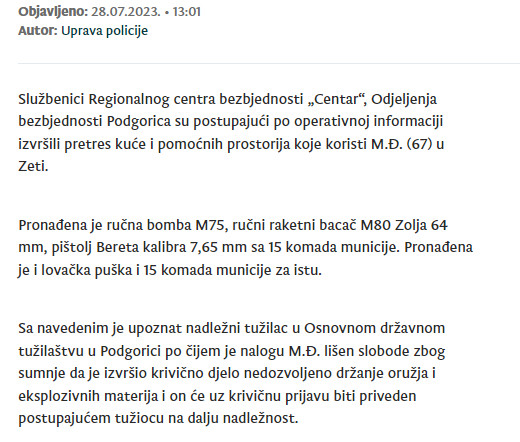 Serbia-avmp/Uhapsena-osoba-kod-koje-je-pronadena-rucna-bomba-Zolja-lovacka-puska-i-munici