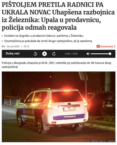 Serbia-avmp/Uhapsena-razbojnica-iz-Zeleznika_-Pistoljem-pretila-radnici-pa-ukrala-novac---