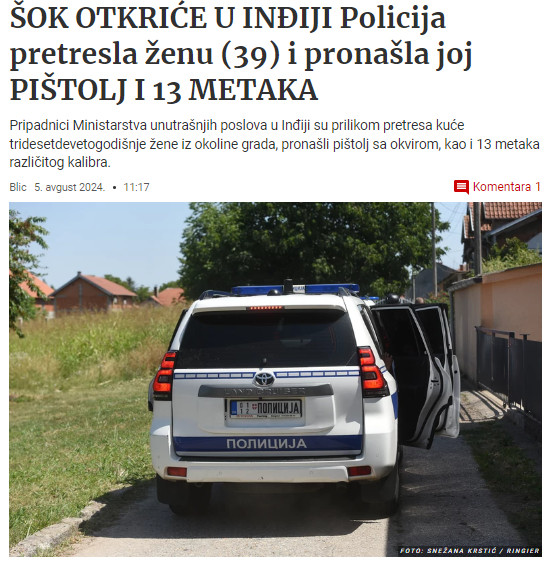Serbia-avmp/Uhapsena-zena-iz-okoline-Indije_-Policija-joj-u-kuci-pronasla-pistolj-i-metke