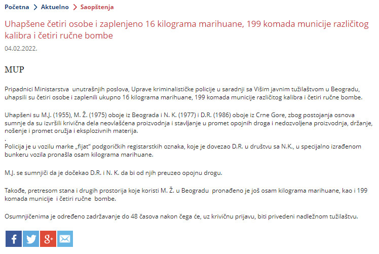 Serbia-avmp/Uhapsene-cetiri-osobe-i-zaplenjeno-16-kilograma-marihuane-199-komada-municije-