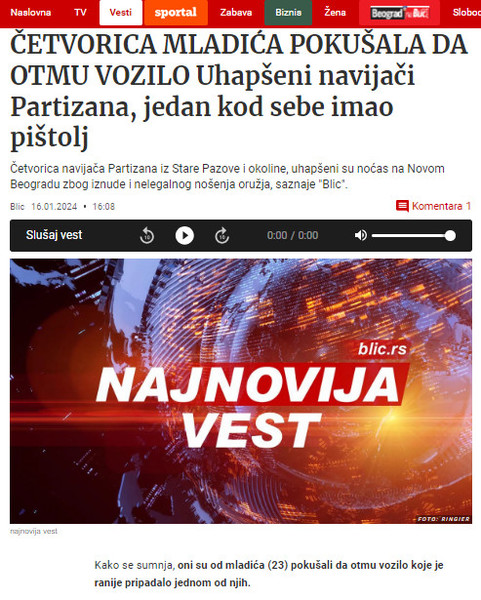 Serbia-avmp/Uhapseni-navijaci-Partizana_-Cetvorica-mladica-pokusali-da-otmu-vozilo-jedan-