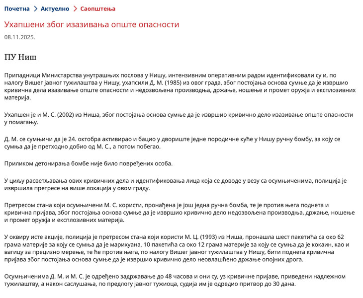Serbia-avmp/Uhapseni-zbog-izazivanja-opste-opasnosti