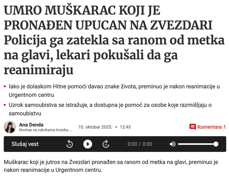 Serbia-avmp/Umro-muskarac-koji-je-pronaden-upucan-na-Zvezdari_-Policija-ga-zatekla-sa-rano