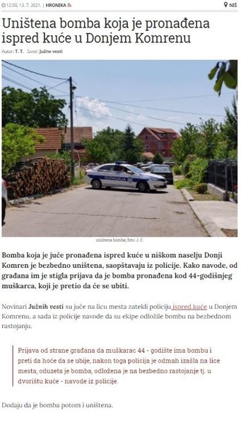 Serbia-avmp/Unistena-bomba-koja-je-pronadena-ispred-kuce-u-Donjem-Komrenu