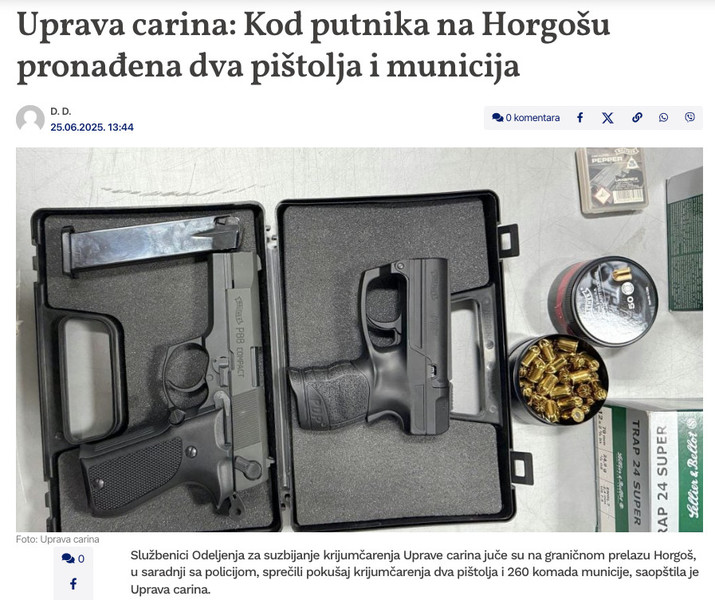 Serbia-avmp/Uprava-carina_-Kod-putnika-na-Horgosu-pronadena-dva-pistolja-i-municija---Drus