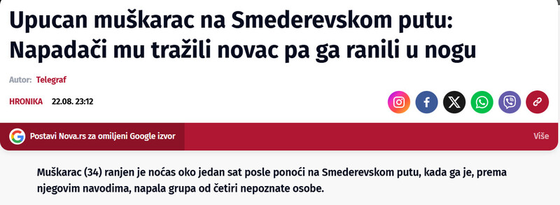Serbia-avmp/Upucan-muskarac-na-Smederevskom-putu-Napadaci-mu-trazili-novac-pa-ga-ranili-u-nogu