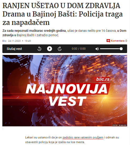 Serbia-avmp/Uzas-u-Bajinoj-Basti_-Muskarac-sa-ranama-od-metka-sam-usao-u-Dom-zdravlja