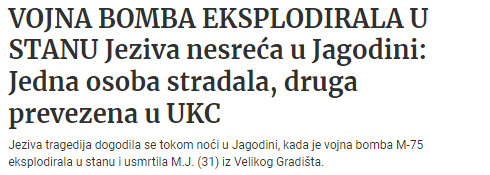 Serbia-avmp/Vojna-bomba-eksplodirala-u-stanu-u-Jagodini-jedna-osoba-stradala-druga-preveze