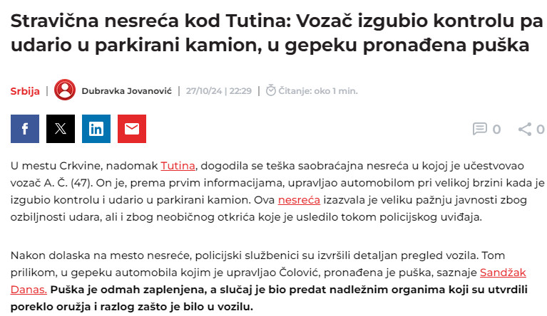 Serbia-avmp/Vozac-izgubio-kontrolu-pa-udario-u-parkirani-kamion-u-gepeku-pronadena-puska