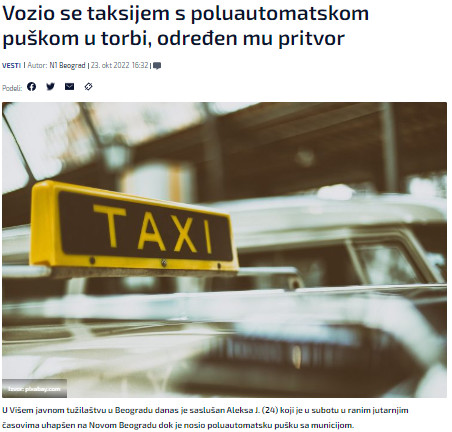 Serbia-avmp/Vozio-se-taksijem-s-poluautomatskom-puskom-u-torbi