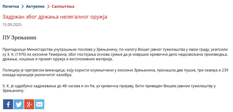 Serbia-avmp/Zadrzan-zbog-drzanja-nelegalnog-oruzja