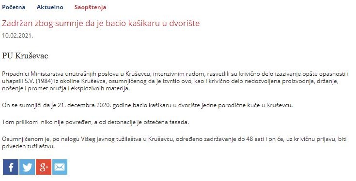 Serbia-avmp/Zadrzan-zbog-sumnje-da-je-bacio-kasikaru-u-dvoriste