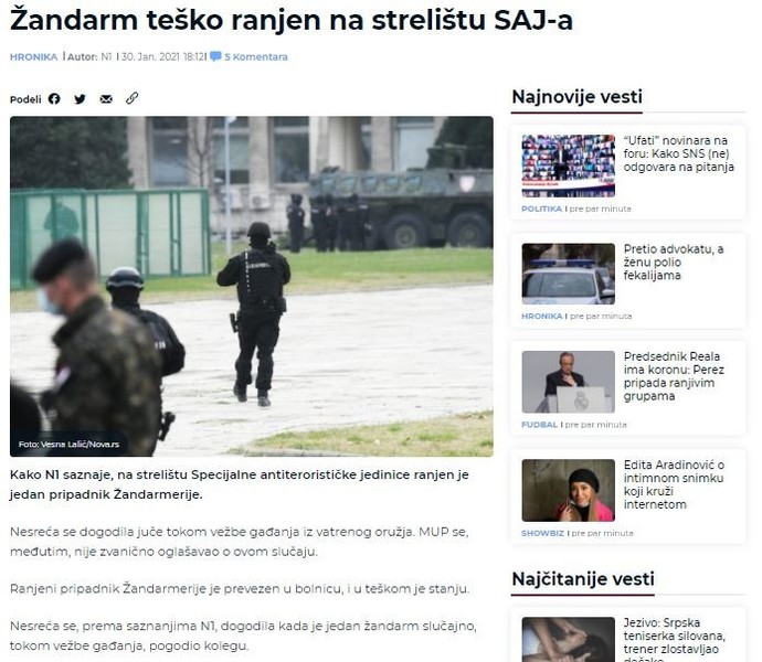 Serbia-avmp/Zandarm-tesko-ranjen-na-strelistu-SAJ-a