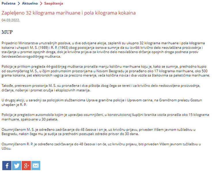 Serbia-avmp/Zapleleno-32-kilograma-marihuane-i-pola-kilograma-kokaina