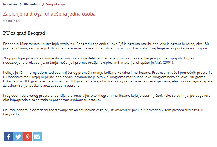 Serbia-avmp/Zaplenjena-droga-uhapsena-jedna-osoba