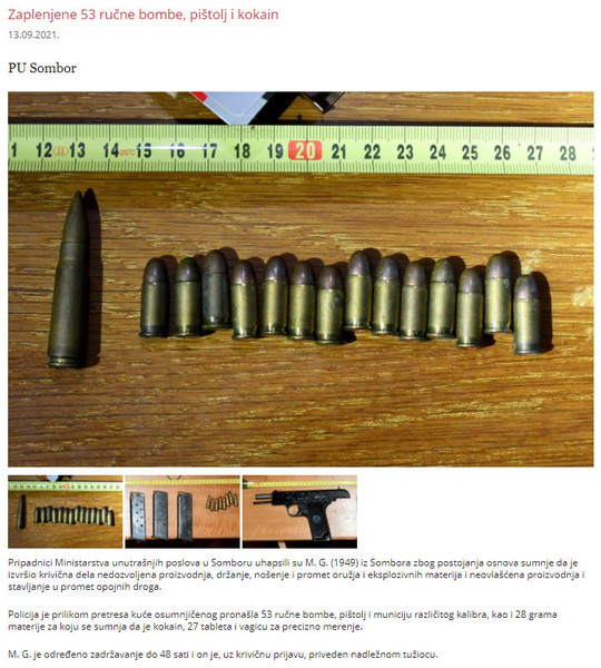 Serbia-avmp/Zaplenjene-53-rucne-bombe-pistolj-i-kokain