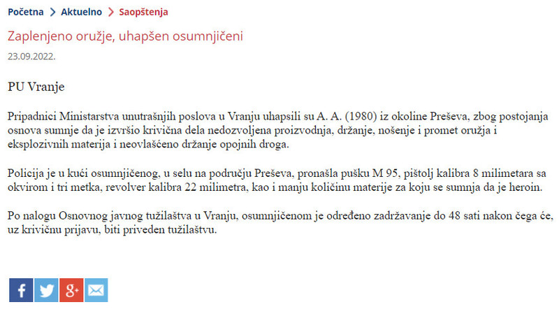 Serbia-avmp/Zaplenjeno-oruzje-uhapsen-osumnjiceni