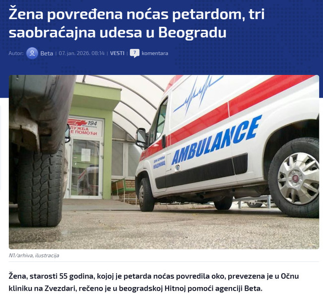 Serbia-avmp/Zena-povredena-nocas-petardom-tri-saobracajna-udesa-u-Beogradu---Vesti-iz-Srbi_3