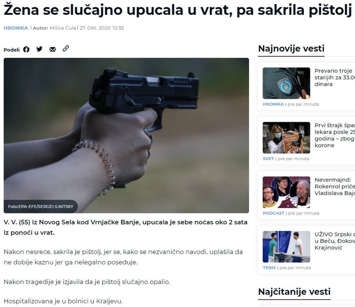 Serbia-avmp/Zena-se-slucajno-upucala-u-vrat-pa-sakrila-pistolj