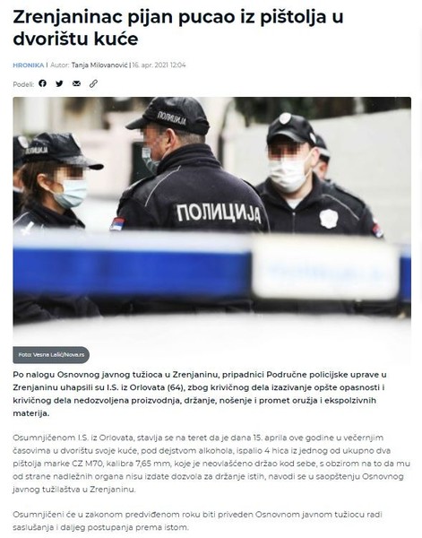 Serbia-avmp/Zrenjaninac-pijan-pucao-iz-pistolja-u-dvoristu-kuce