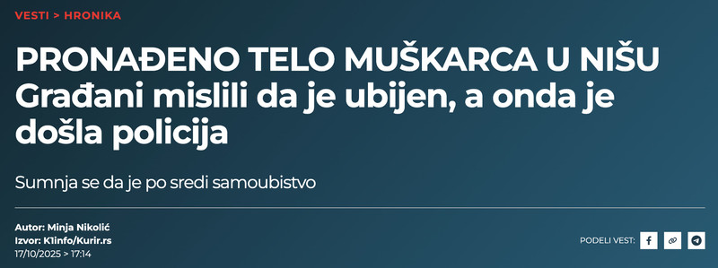 Serbia-avmp/gradani-pronasli-telo-muskarca-u-Nisu-vatreno-oruzje